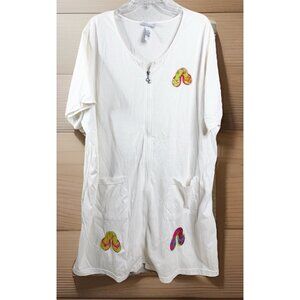 CZ Coverups 3X White Full Zip Sandals Appliqué Beach Cover Swim Cotton Blend EUC